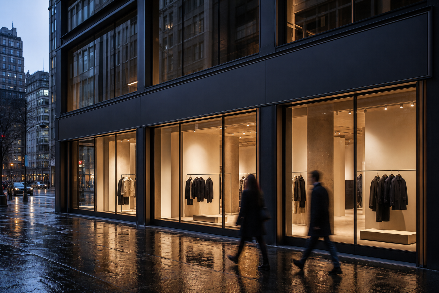 J.Crew flagship storefront at dusk
